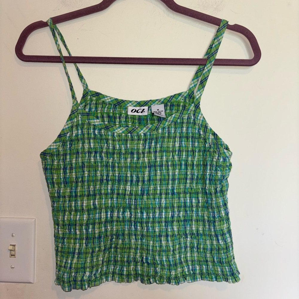 OCI Green and White Smocked Crop Camisole